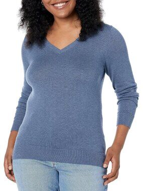 Amazon Essentials Women's Blue Heather V Neck Lightweight Long Sleeve Sweaters